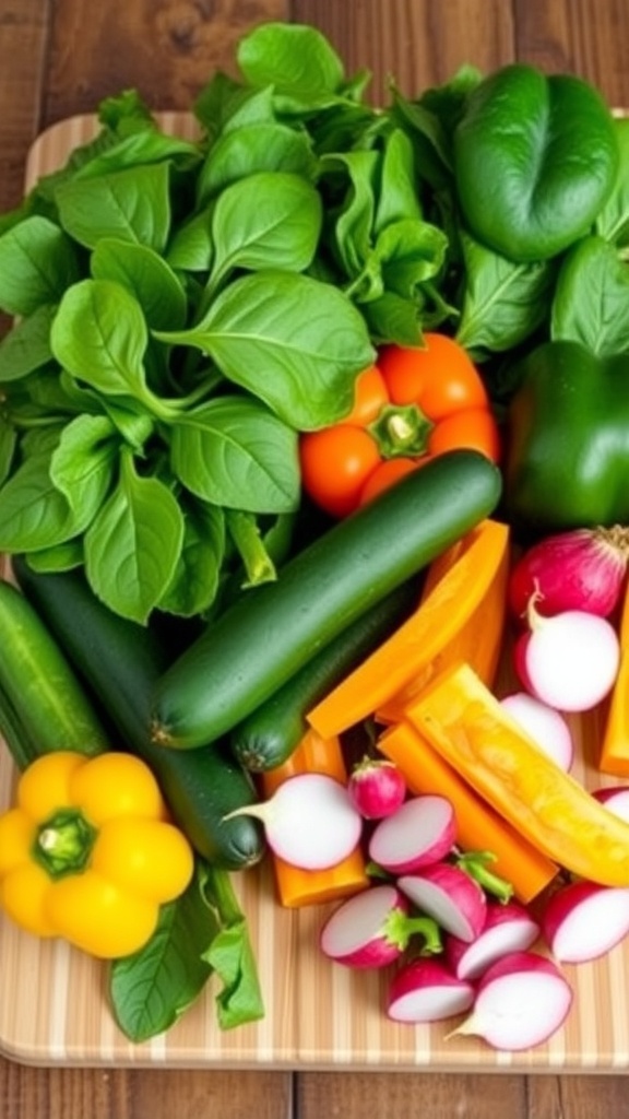 Zero Carb Vegetables List An assortment of fresh zero carb vegetables including spinach, cucumbers, bell peppers, and radishes on a cutting board.
